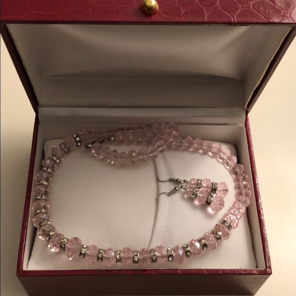 Pink stone short necklace and matching earrings